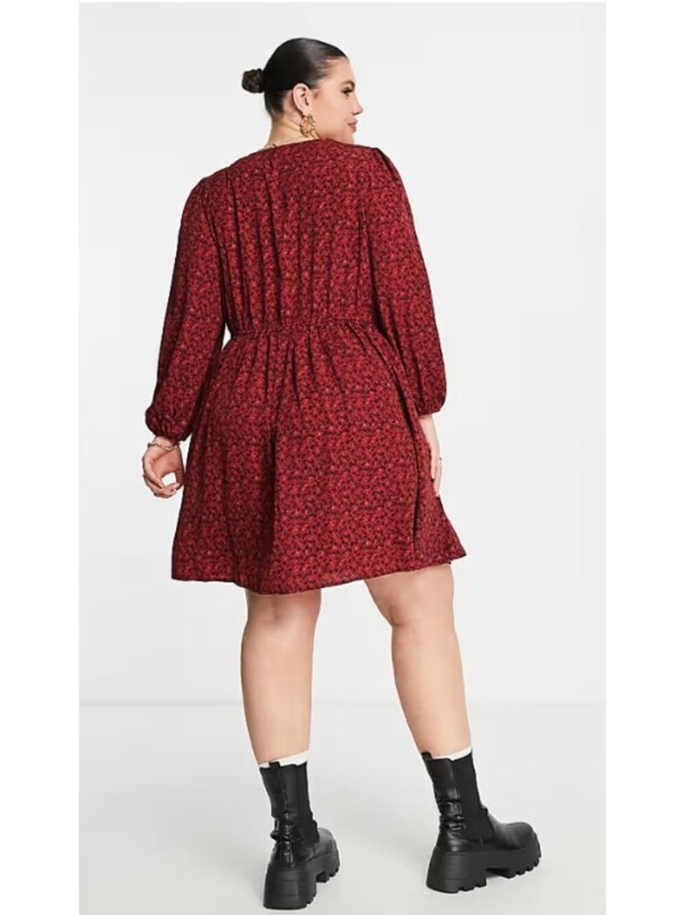 ASOS Urban Threads, Ditsy Floral V-Neck Long-Sleeve Swing Dress, Burgundy (18W) - Picture 16 of 16